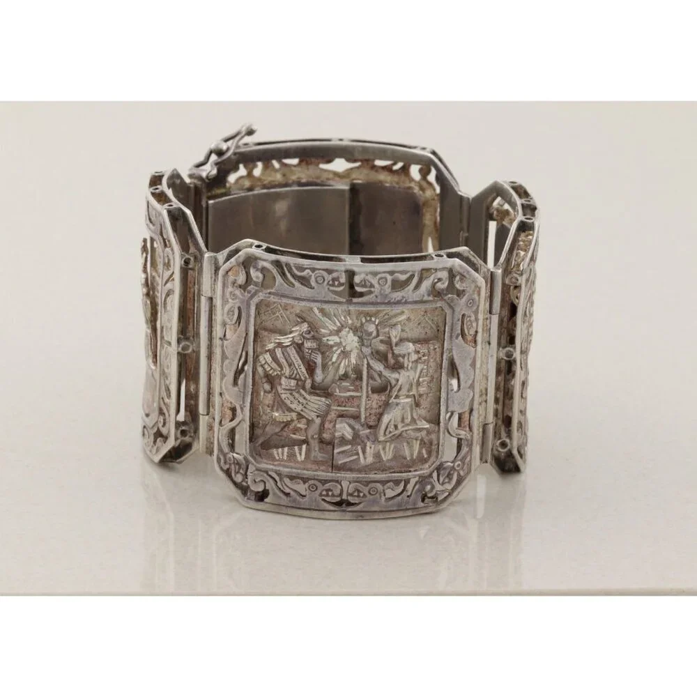 Sterling Silver Aztec Mayan Bracelet 6 3/4" inch - Picture 2 of 9